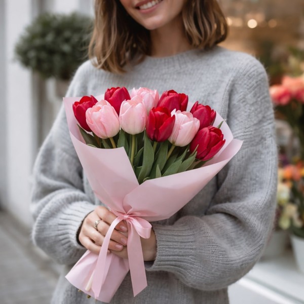 11 красно-розовых тюльпанов