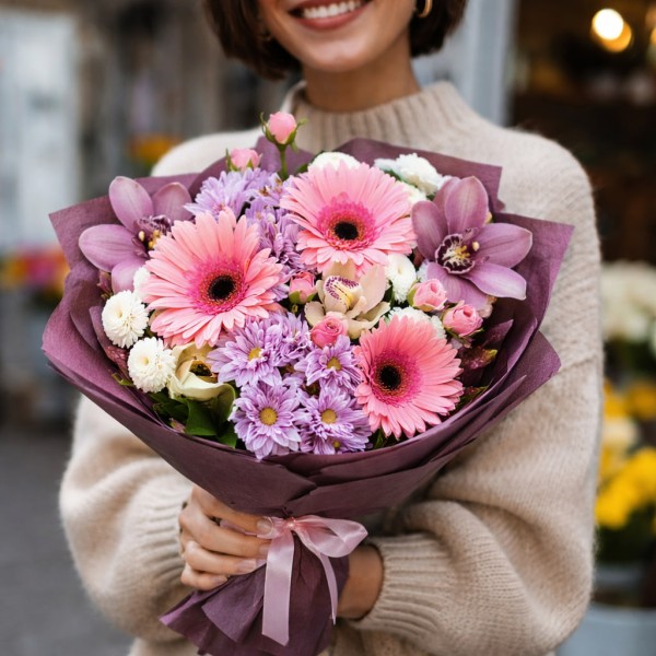 Букет 3 герберы с орхидеями