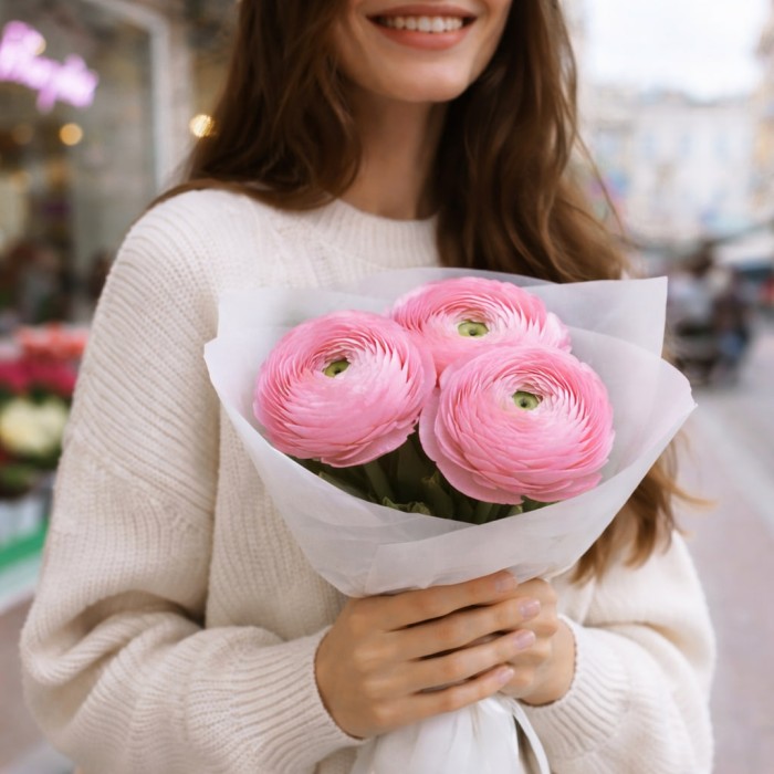 Букет 3 розовых ранункулюса