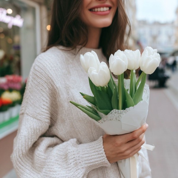 5 белых тюльпанов