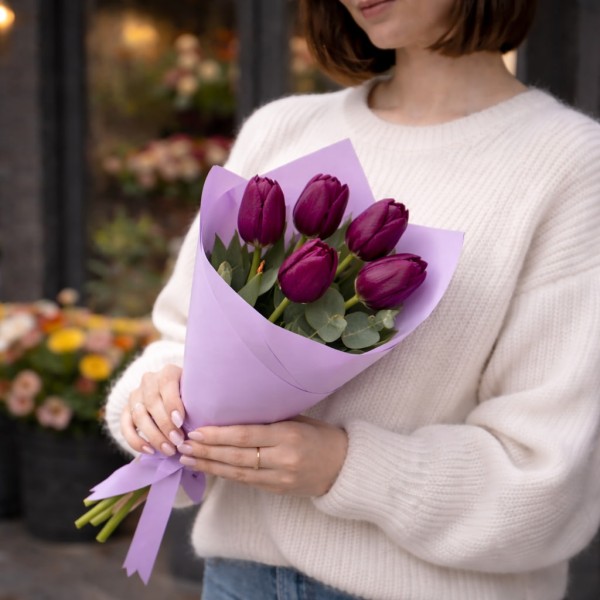 5 фиолетовых тюльпанов