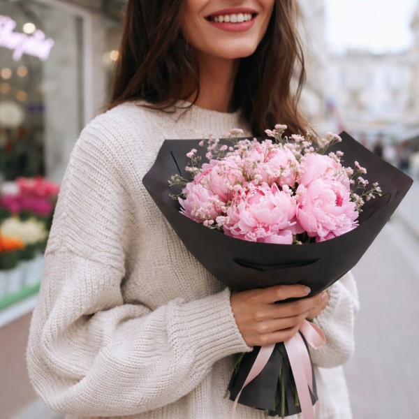 Розовые пионы с гипсофилой