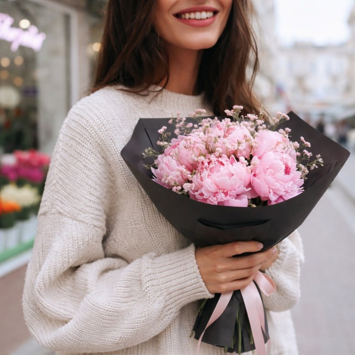 Букет 5 розовых пионов с гипсофилой