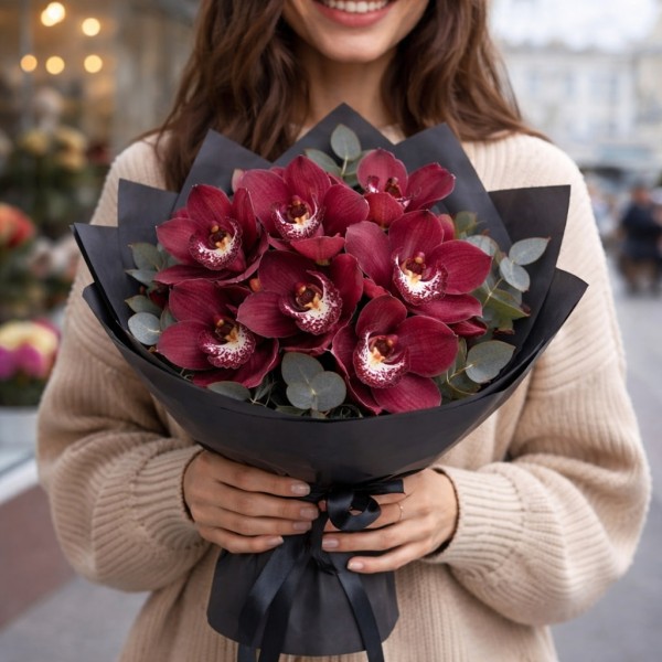 Букет 7 бордовых орхидей