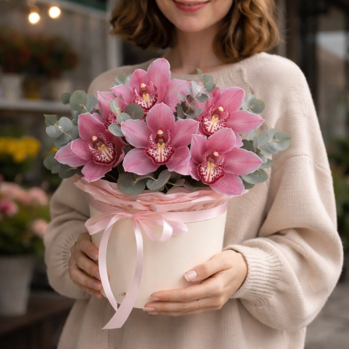 7 розовых орхидей в коробке