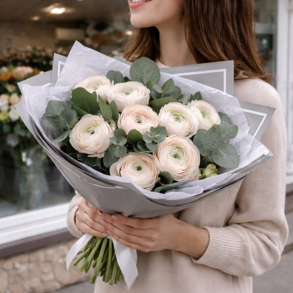 9 белых ранункулюсов