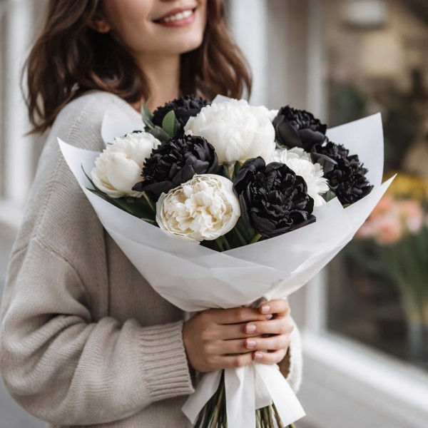 9 черно-белых пионов