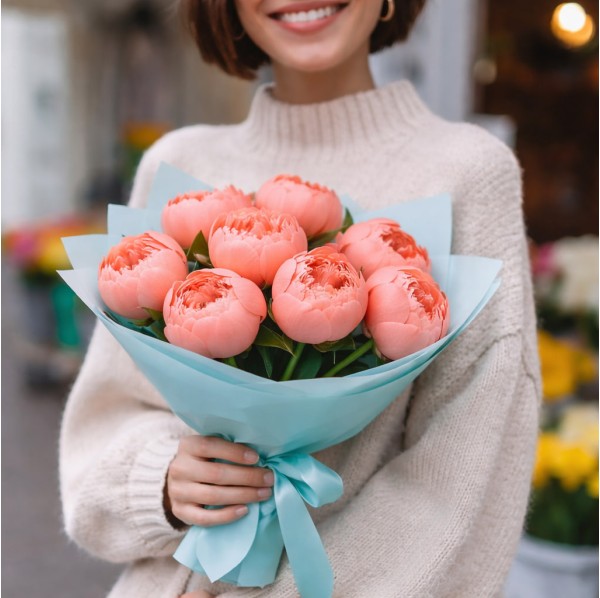 9 коралловых пионов