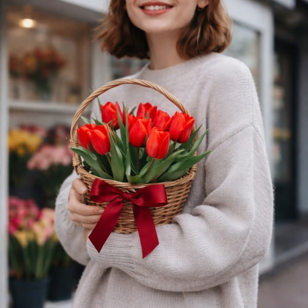 9 красных тюльпанов в корзине