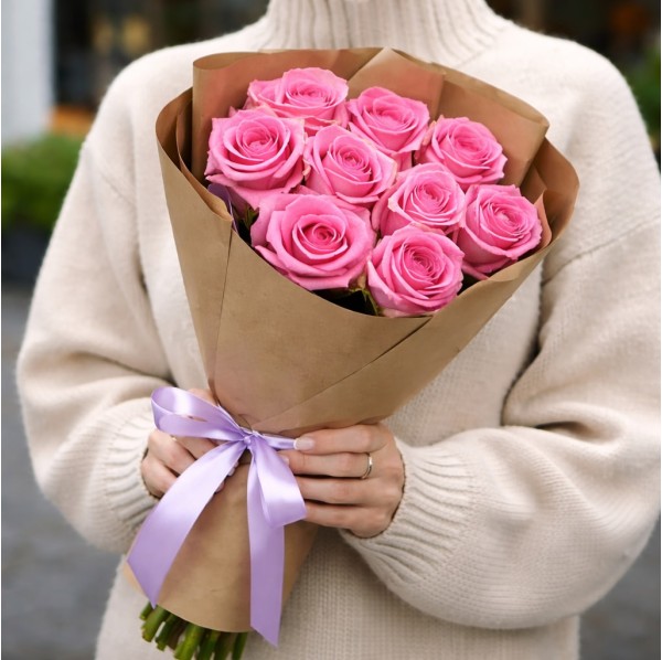 Розовые розы 50 см 9 штук