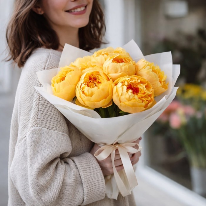 Букет 9 желтых пионов