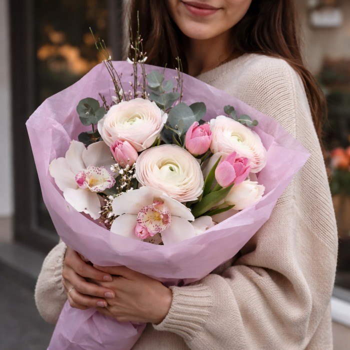 Букет 3 ранункулюса с орхидеей