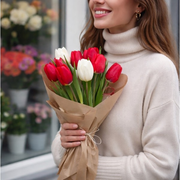 Букет из красных и белых тюльпанов