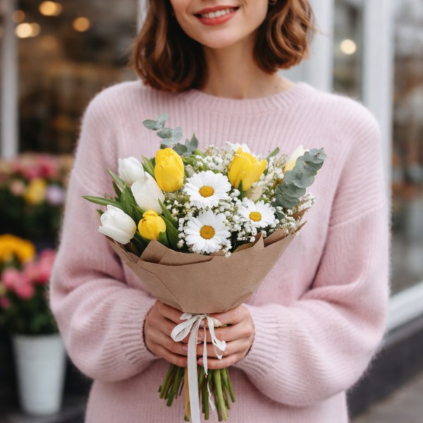 Букет из ромашек и тюльпанов