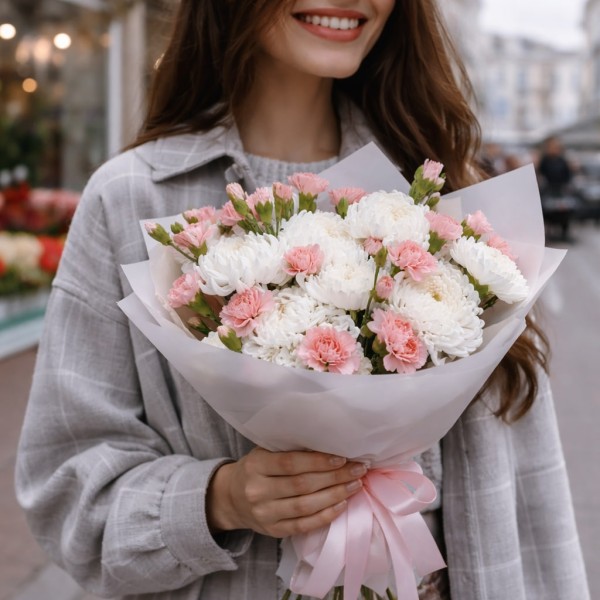 Букет с кустовой гвоздикой и хризантемой