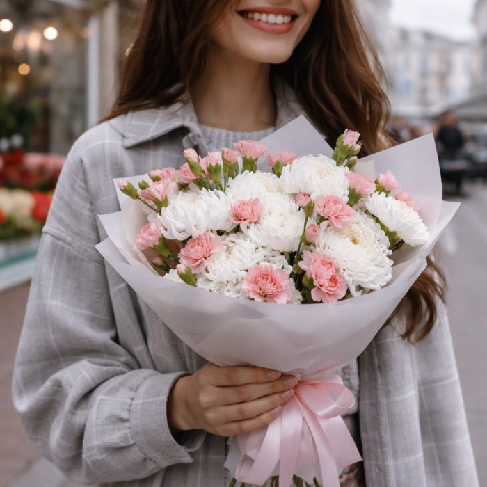 Букет с кустовой гвоздикой и хризантемой