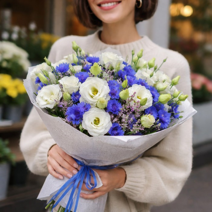 Букет 3 эустомы с васильками