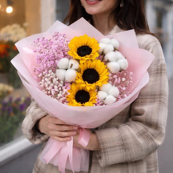 3 подсолнуха с гипсофилой и хлопком