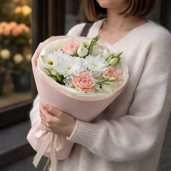 3 розовых диантуса с эустомой