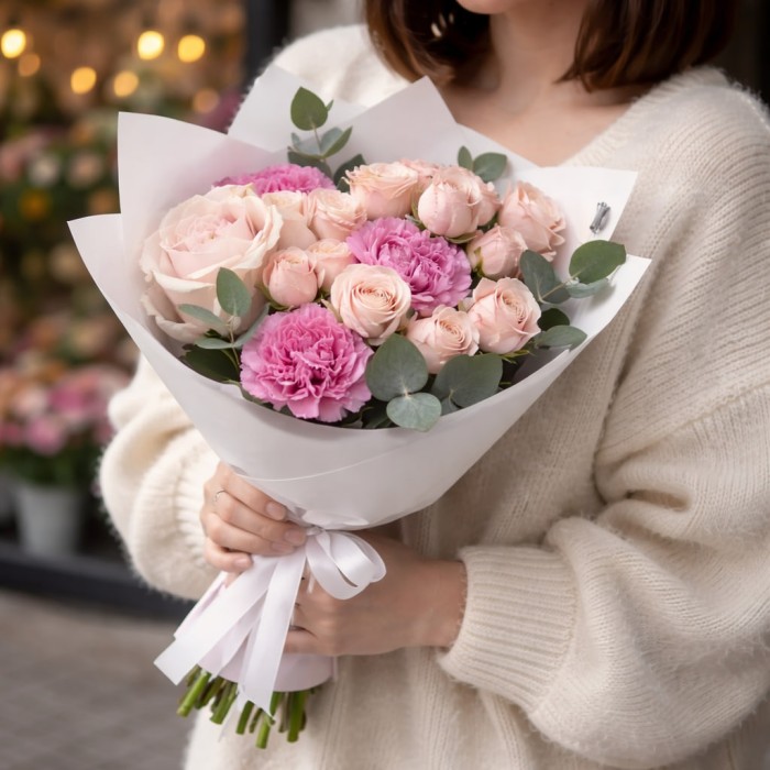 Букет 3 розовых диантуса с пионовидной розой