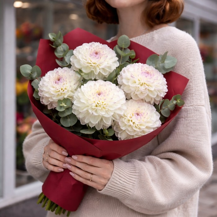 Букет 5 белых георгинов