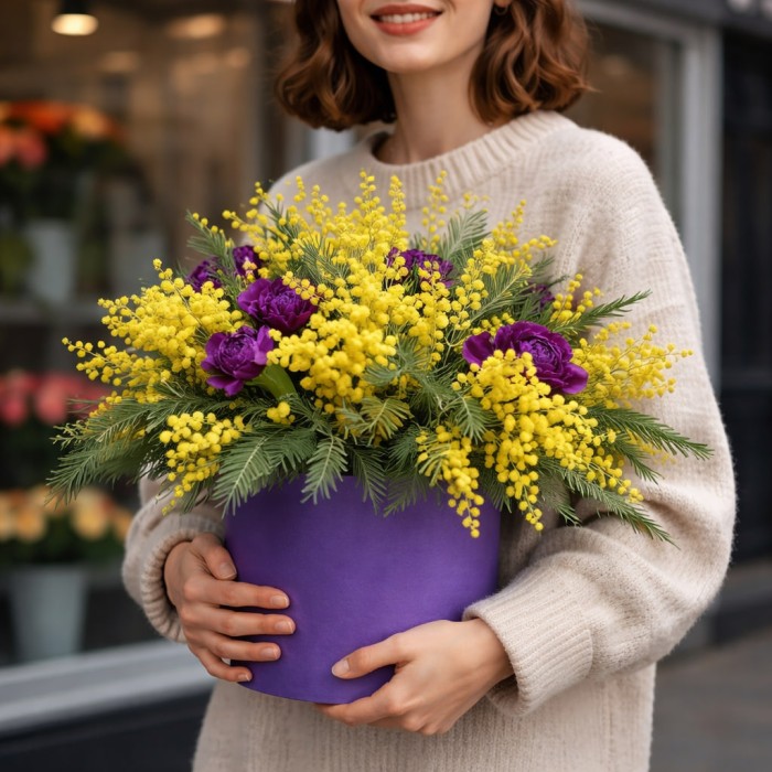 7 мимоз и 7 тюльпанов в шляпной коробке