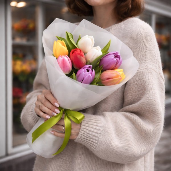 9 разноцветных тюльпанов