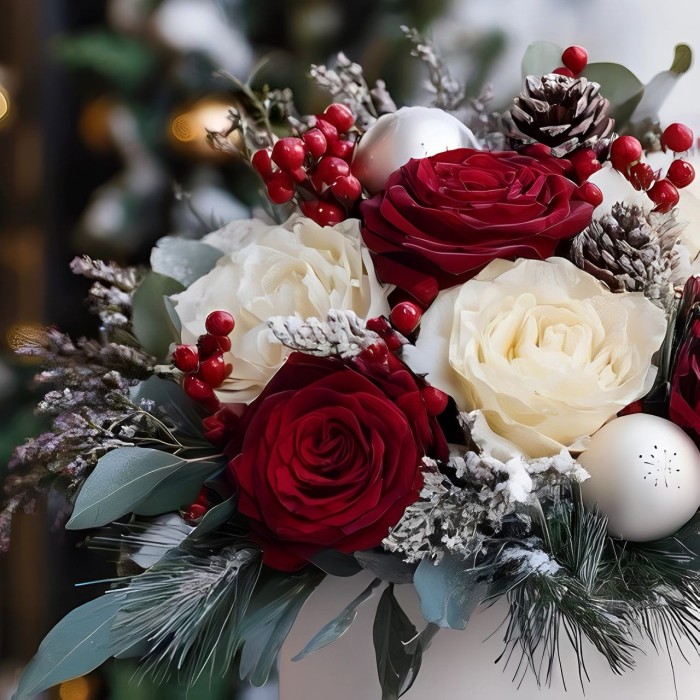 Новогодний букет в белой коробке с розами